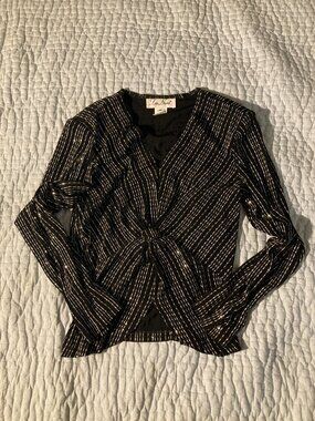 vintage La Nuit black and silver long sleeve knot front blouse size M
